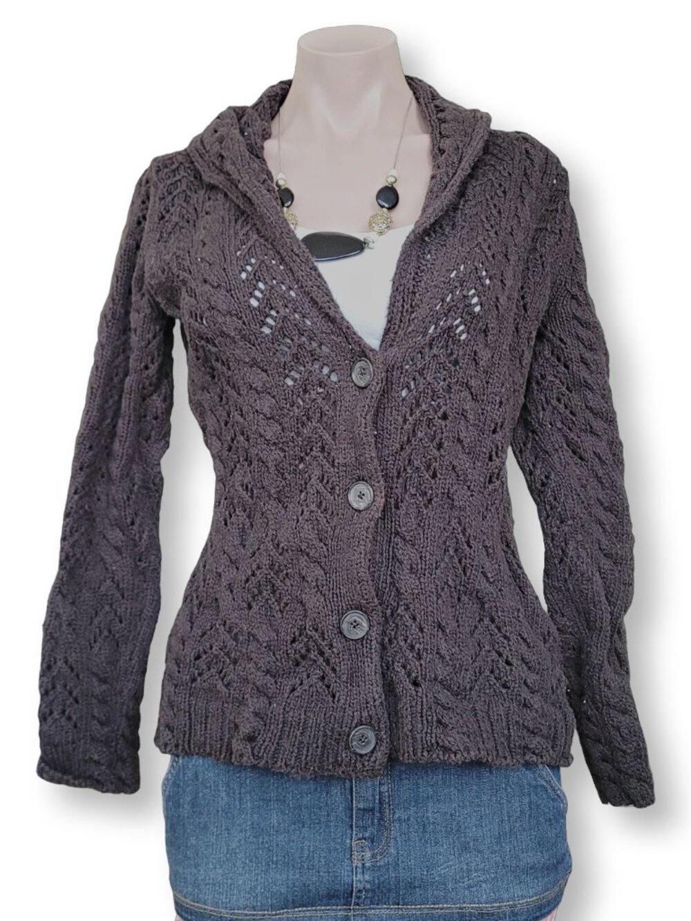 Lands' End Women's Brown Shawl Collar Knit Lace Cardigan Sweater (size M 10-12)